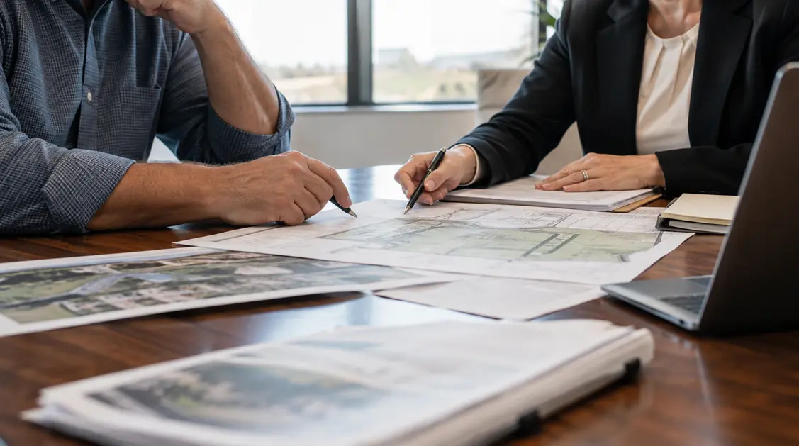 A property owner and attorney reviewing plans and valuation papers together