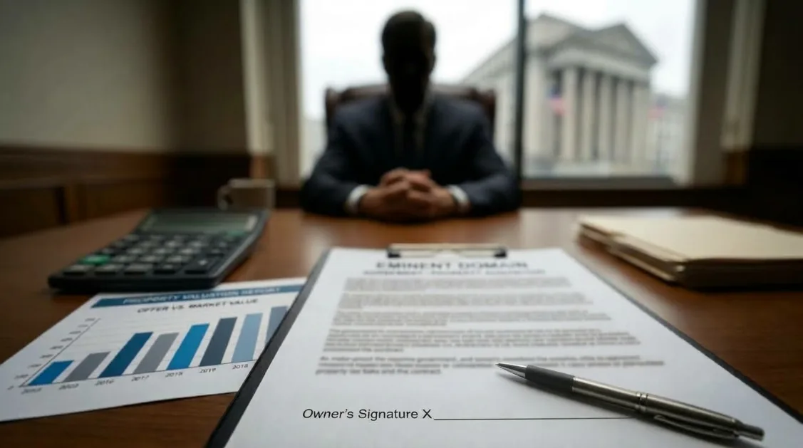 A property acquisition offer and valuation materials on a desk, with a pen near the signature line