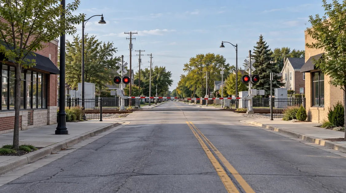 Illustrative suburban roadway at a railroad crossing; not the Grand Gateway project site or design