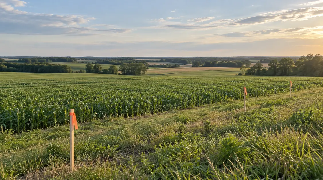 Illustrative Midwestern farm field with survey stakes marking a possible right-of-way